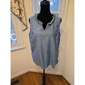 Talbots Blue Denim Chambray Ruffle Country Western Coastal Boho Top Sz XL Petite